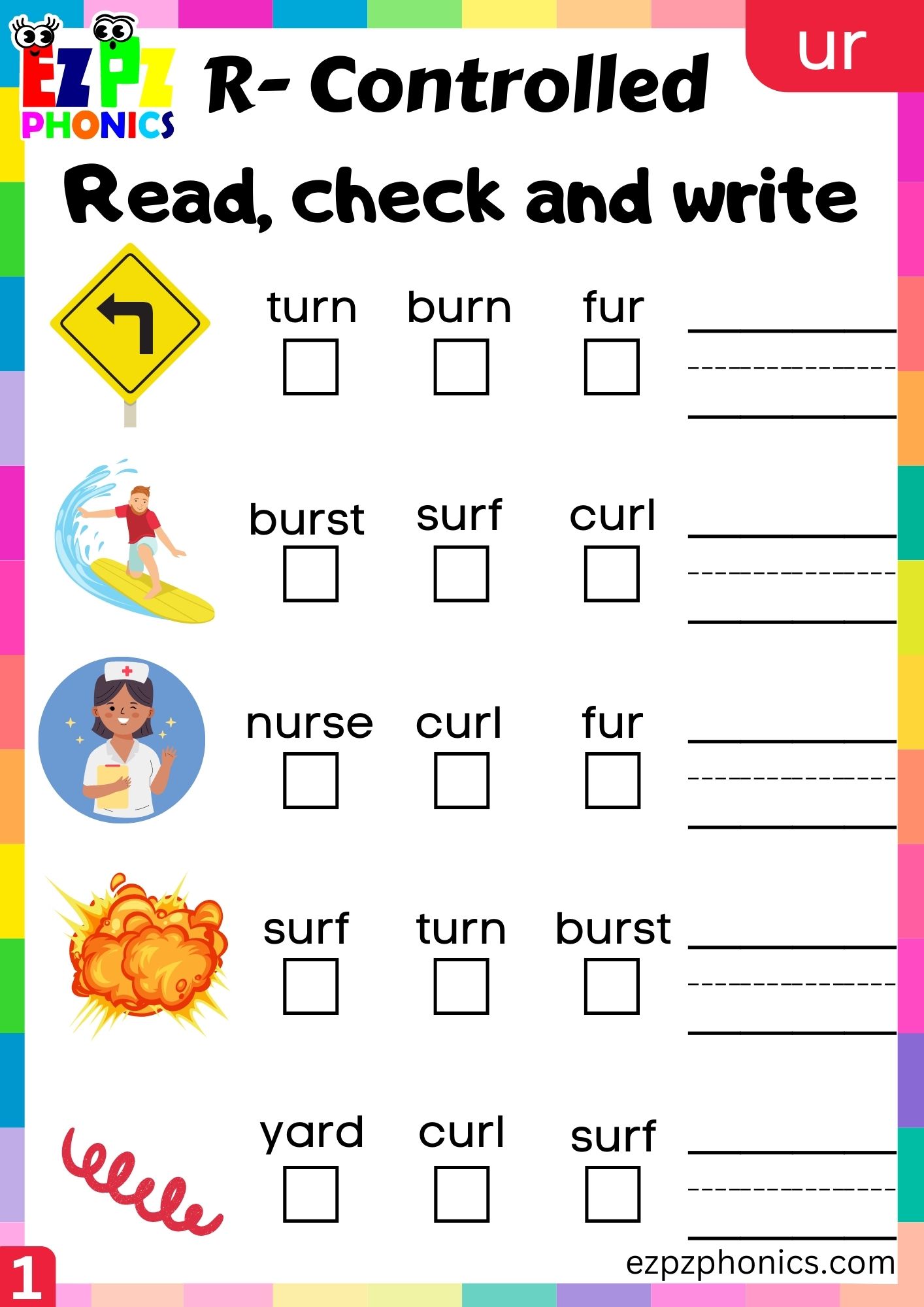 Read check and write worksheet for ur words R Controlled Vowels group 1